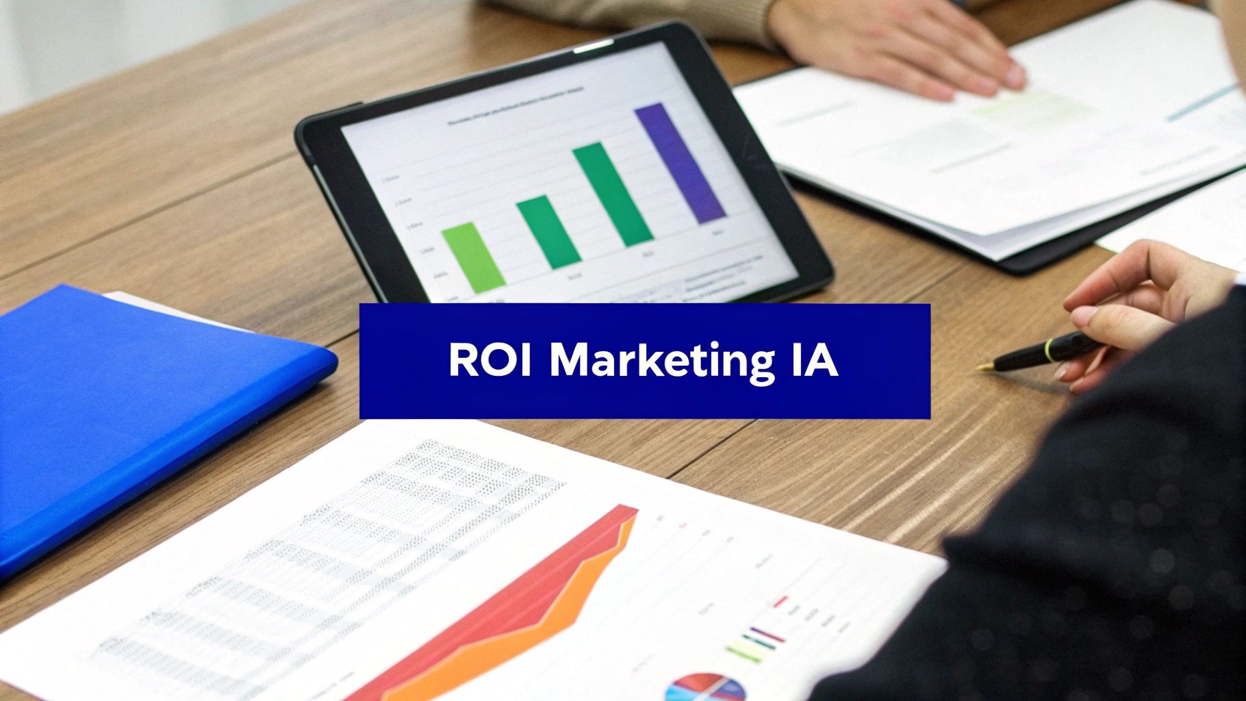 Des professionnels discutent de stratégies de marketing IA autour d'une table, avec des graphiques sur tablette et documents.