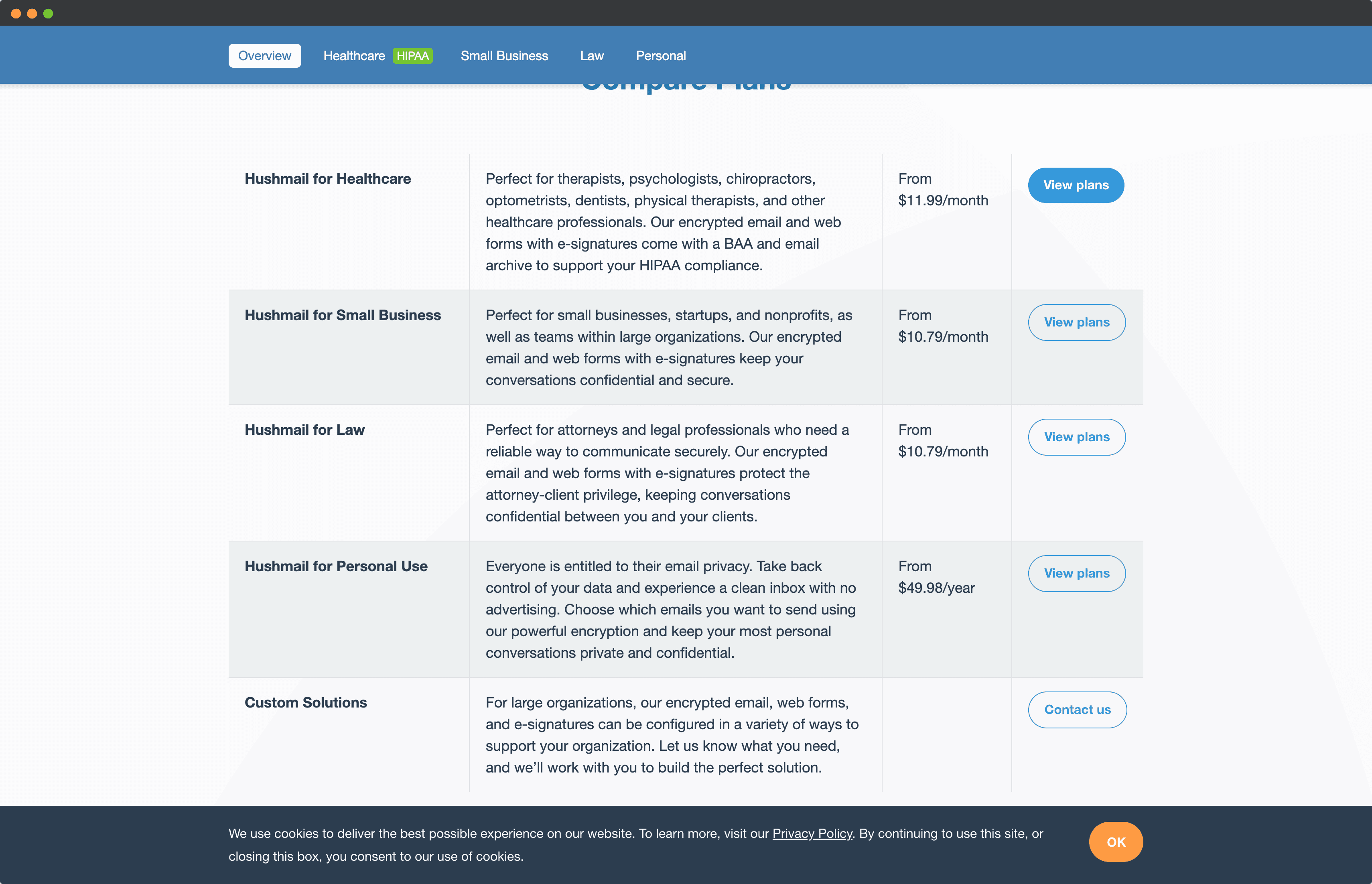 a screenshot of hushmail.com pricing page