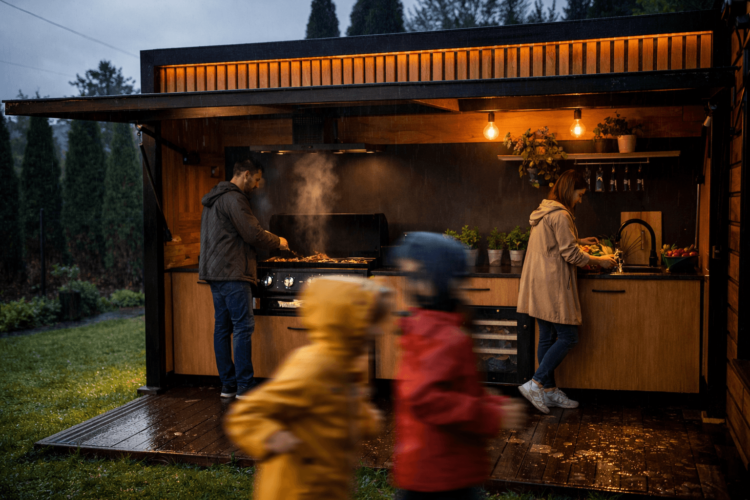 nowoczesna kuchnia ogrodowa Outdoor Kitchen Box z rodziną gotującą mimo deszczu