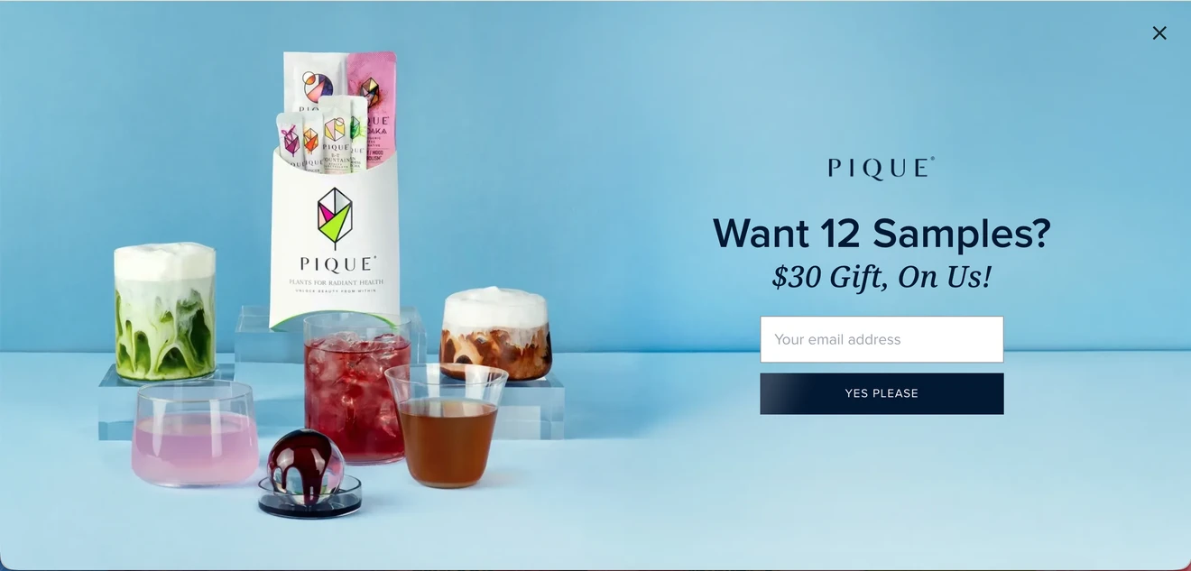 Pique popup offering 12 product samples as a $30 gift.