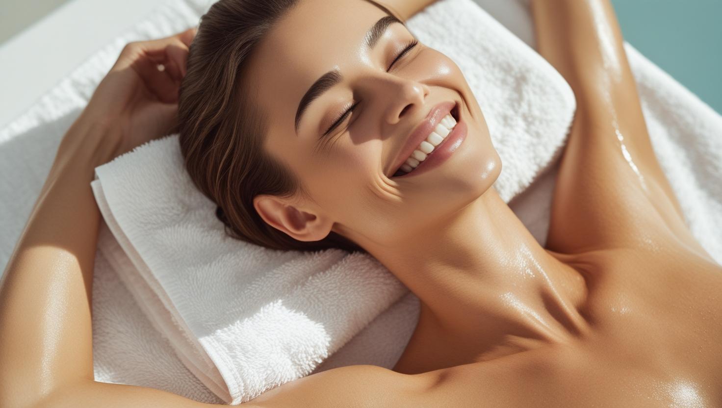 Happy woman lying down showing her hair-free armpit