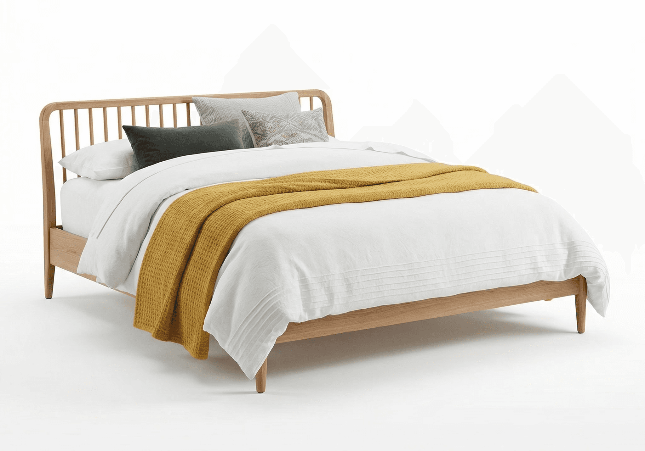 Classic wooden bed with straight headboard, box frame build, and traditional proportions