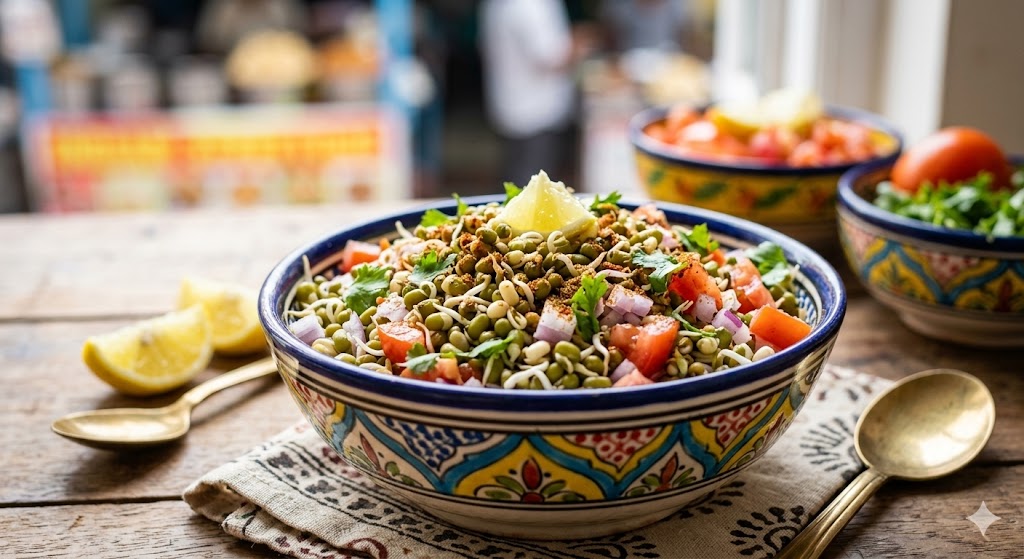 A close-up photograph of a colorful bowl filled with healthy moong sprout chaat (sprouted green gram salad) garnished with tomatoes, onions, spices, and a lemon wedge, placed on a rustic wooden table in a street food setting with bokeh background.