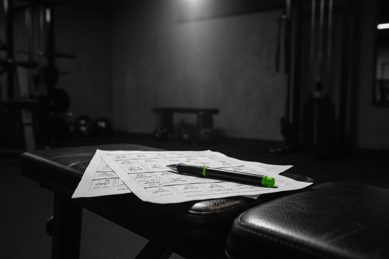 Printed workout logs on a bench