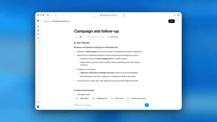 Meeting notes in Supernormal showing Shortcuts, including Make slides, Challenge this, Draft email, and Extract action items