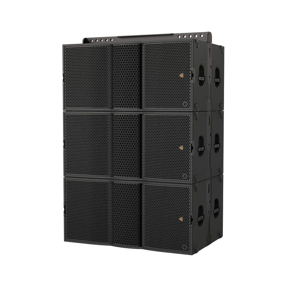 Stacked black speaker cabinets with honeycomb grilles.