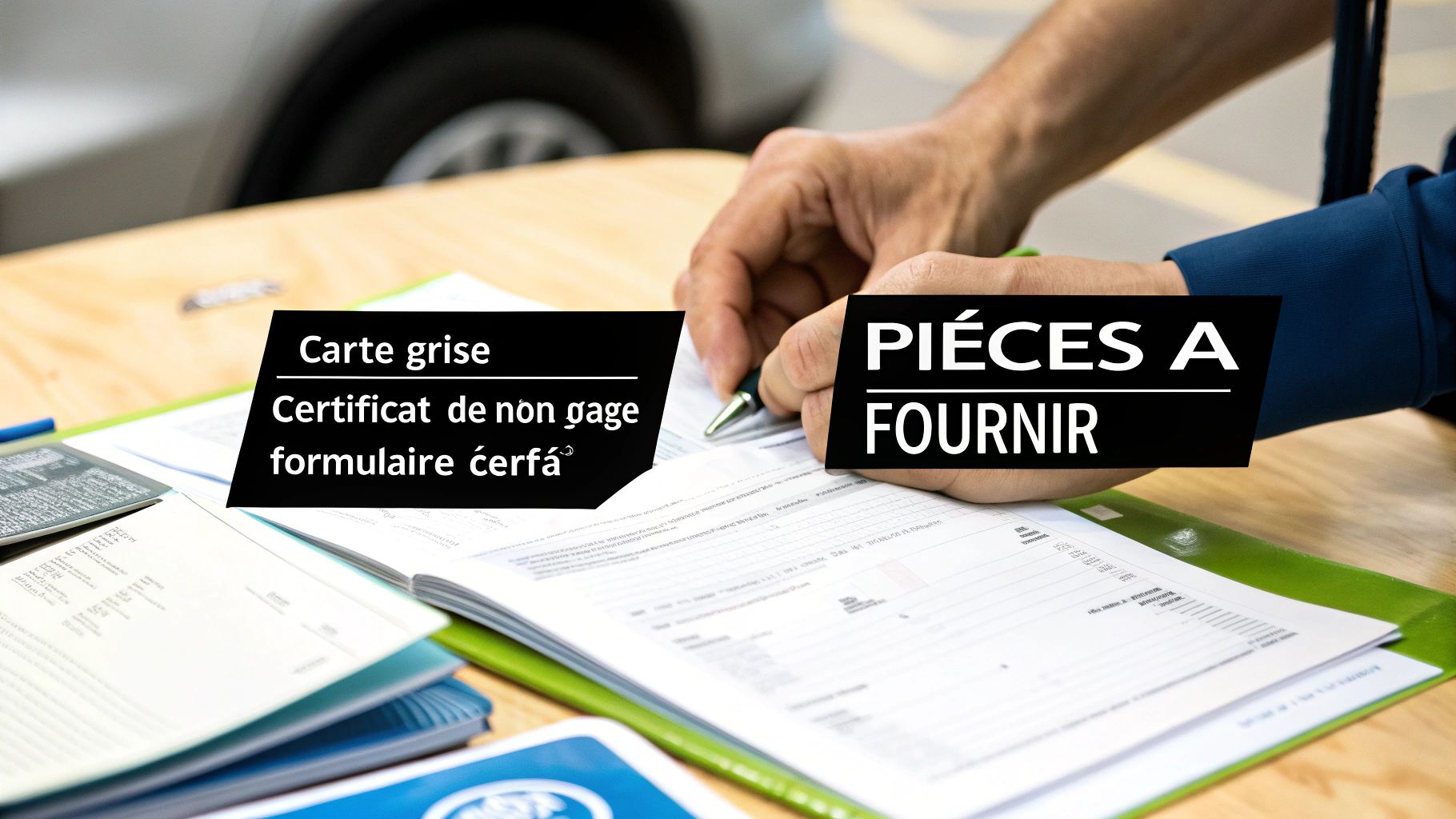 Mains remplissant des documents administratifs sur une table, indiquant les 'PIÈCES À FOURNIR': carte grise, certificat de non-gage, formulaire cerfa.