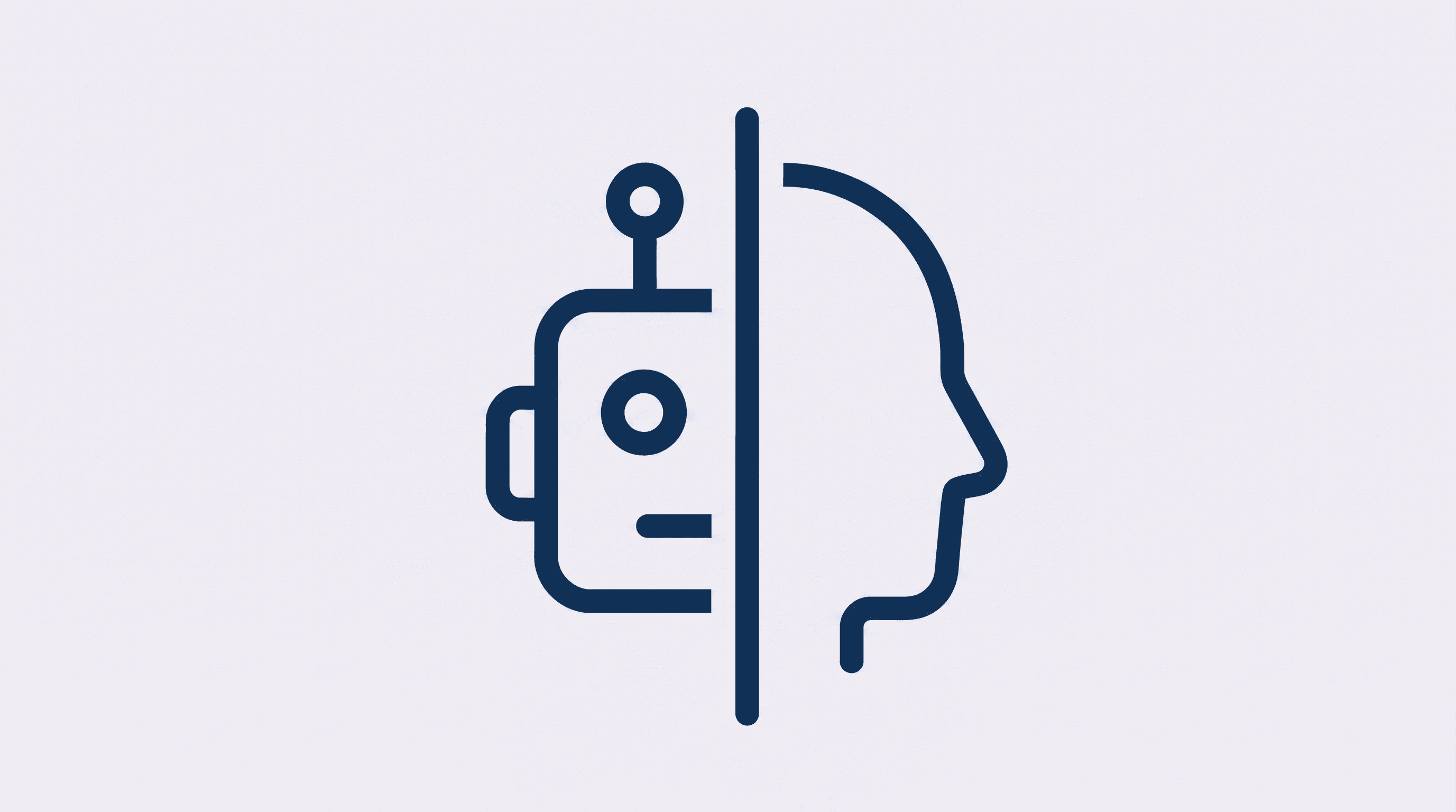 A minimalist, professional blog header for a sales development topic. A dark navy blue line icon, featuring a split profile of a robot on the left and a human face on the right, is centered on a light, off-white background. The design is flat, clean, and features significant negative space, evoking a modern SaaS or B2B tech aesthetic.