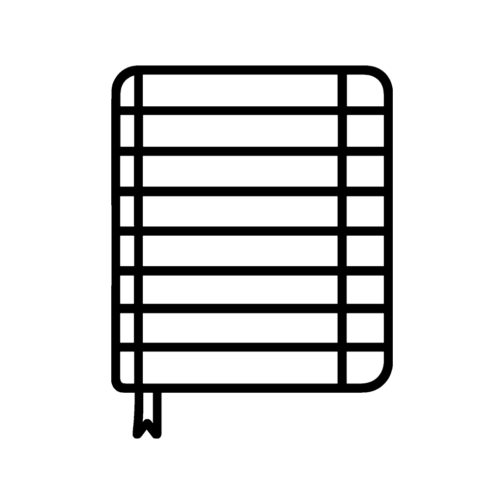 Ilustração em traço preto de um caderno fechado com marcador de página.