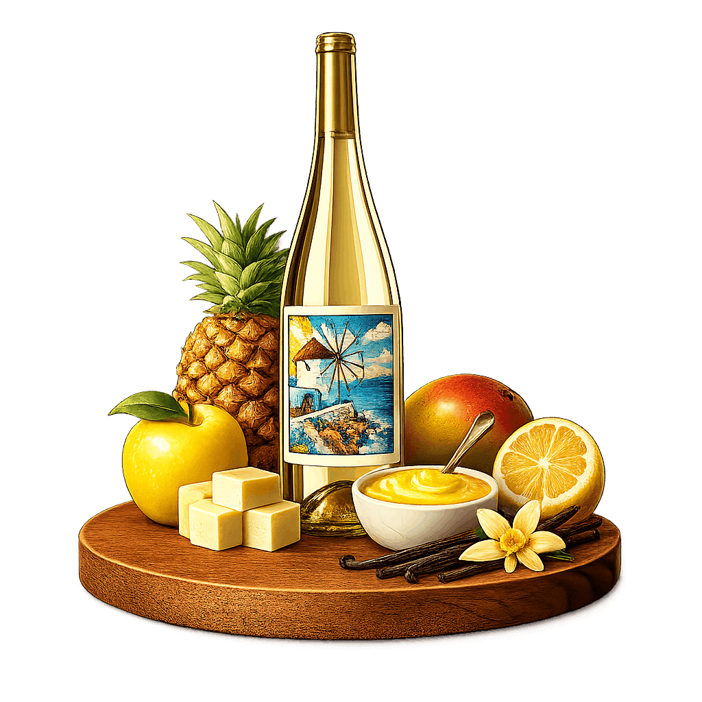 Artistic label and flavor profile for Aegean Chardonnay on a rustic wooden table.