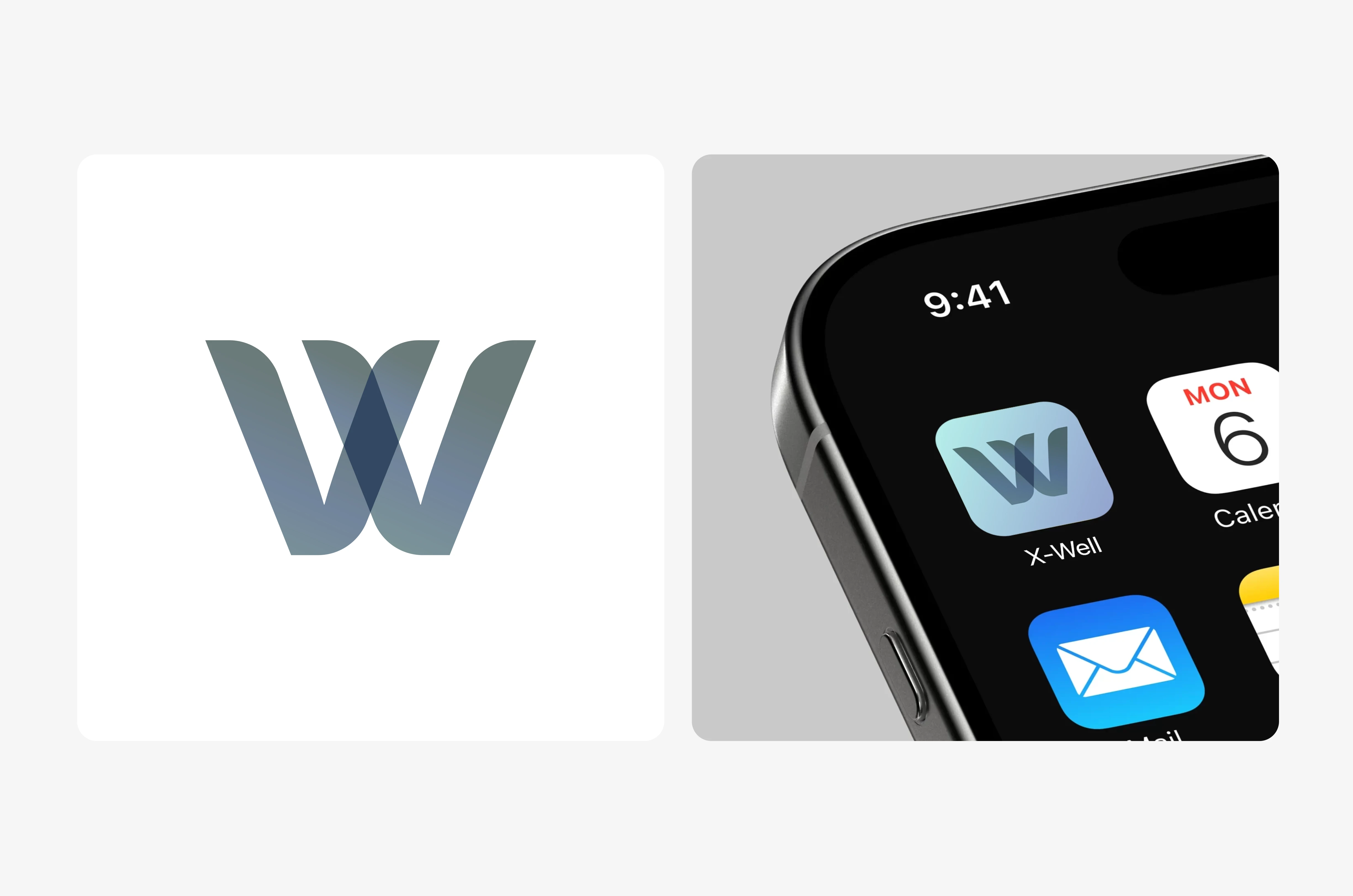 Xwell brand identity showcase featuring the redesigned overlapping ‘W’ logo and an iPhone home-screen mockup displaying the Xwell app icon. The visual highlights the modern, gradient-based mark and its application in a real mobile environment, emphasizing the clean, premium identity of Xwell’s beauty and wellness video-based booking platform.