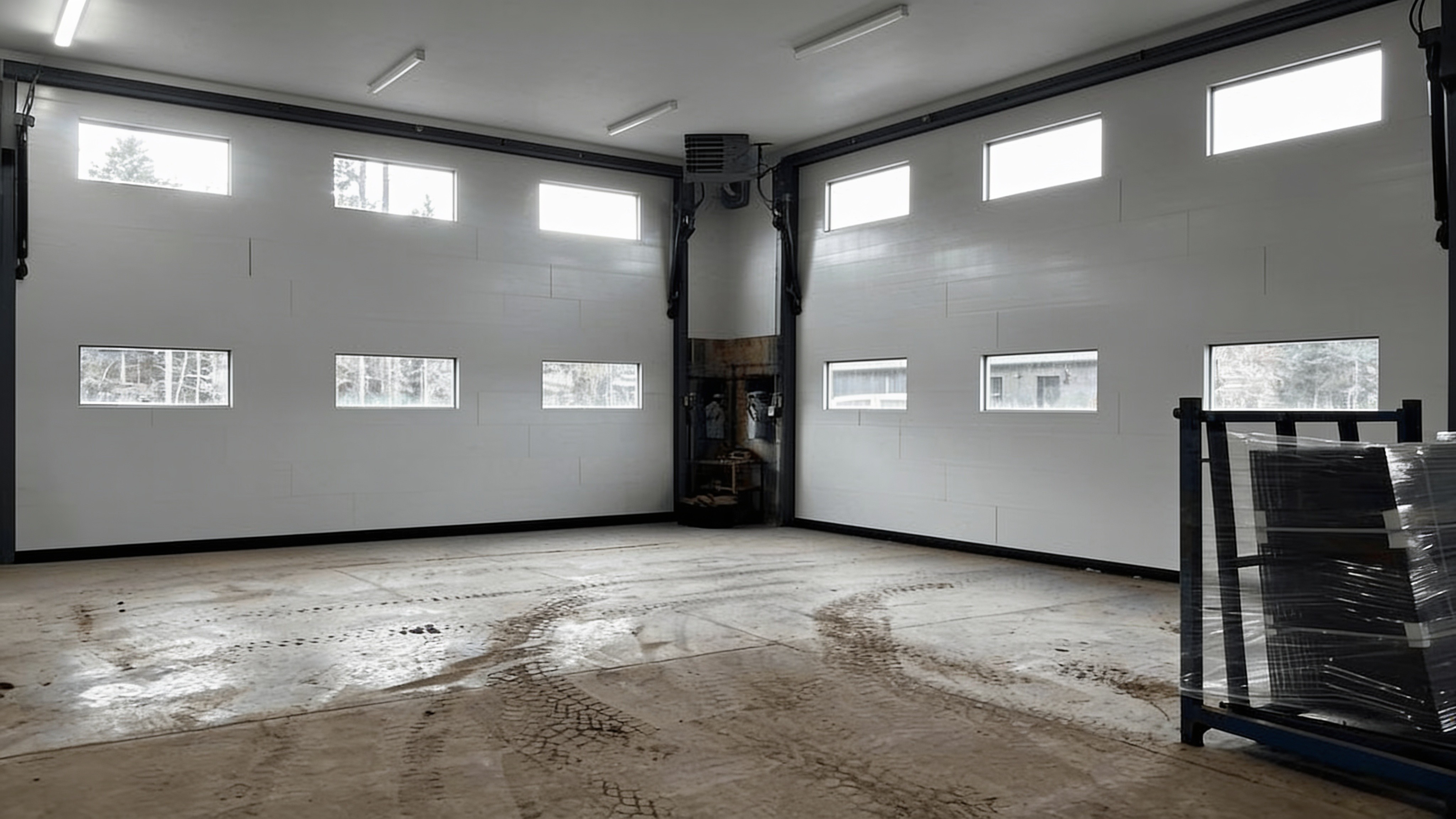 Shop interior with two closed hydraulic doors and window light