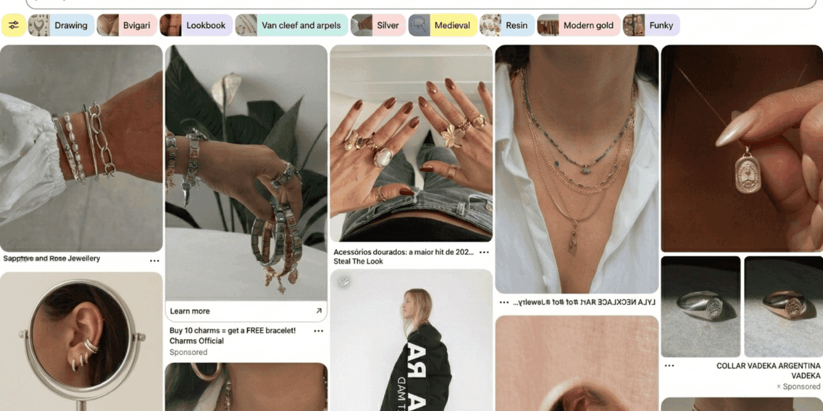 Jewellery inspiration board featuring rings, bracelets, earrings, and necklaces.