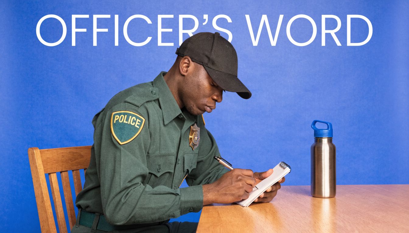 A police officer wearing a uniform and hat writes notes in a small notepad at a table.