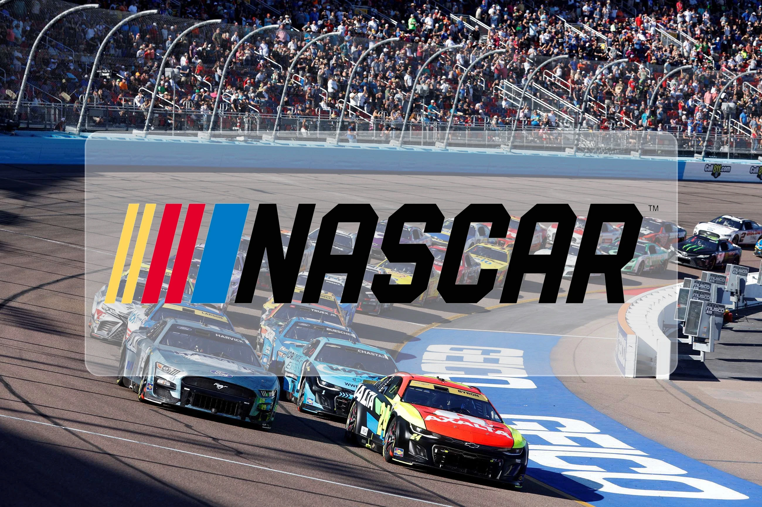 NASCAR race cars speeding around the track with the NASCAR logo overlayed, showcasing the energy and excitement of professional stock car racing.
