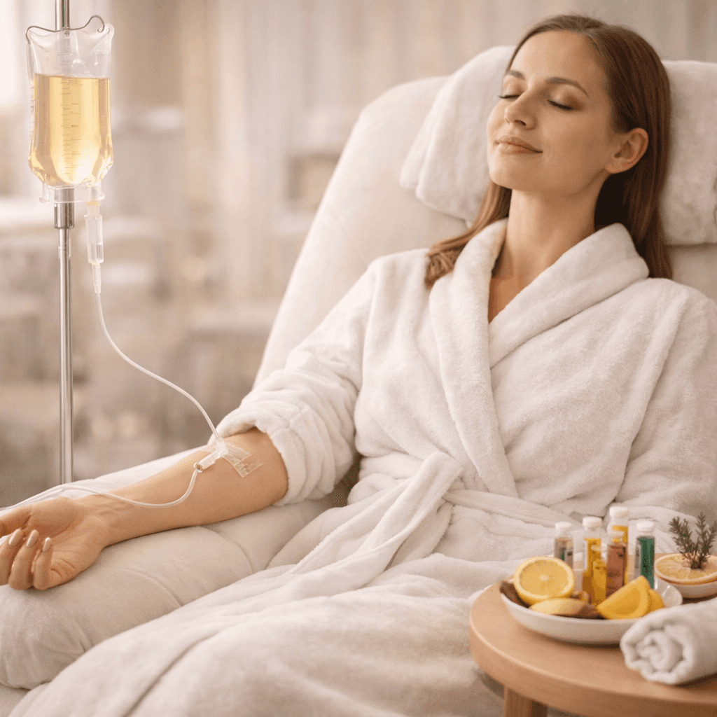 Woman relaxing during IV vitamin therapy session in a luxury aesthetic clinic, receiving nutrient infusion in a serene and comfortable environment.