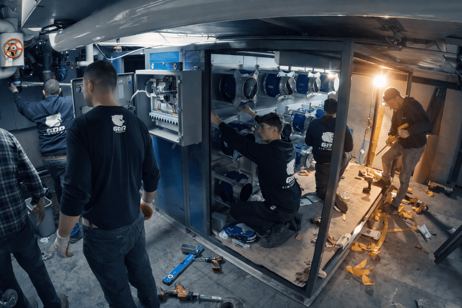 GRR technicians performing HVAC retrofit work inside a tight-access mechanical room in New York City