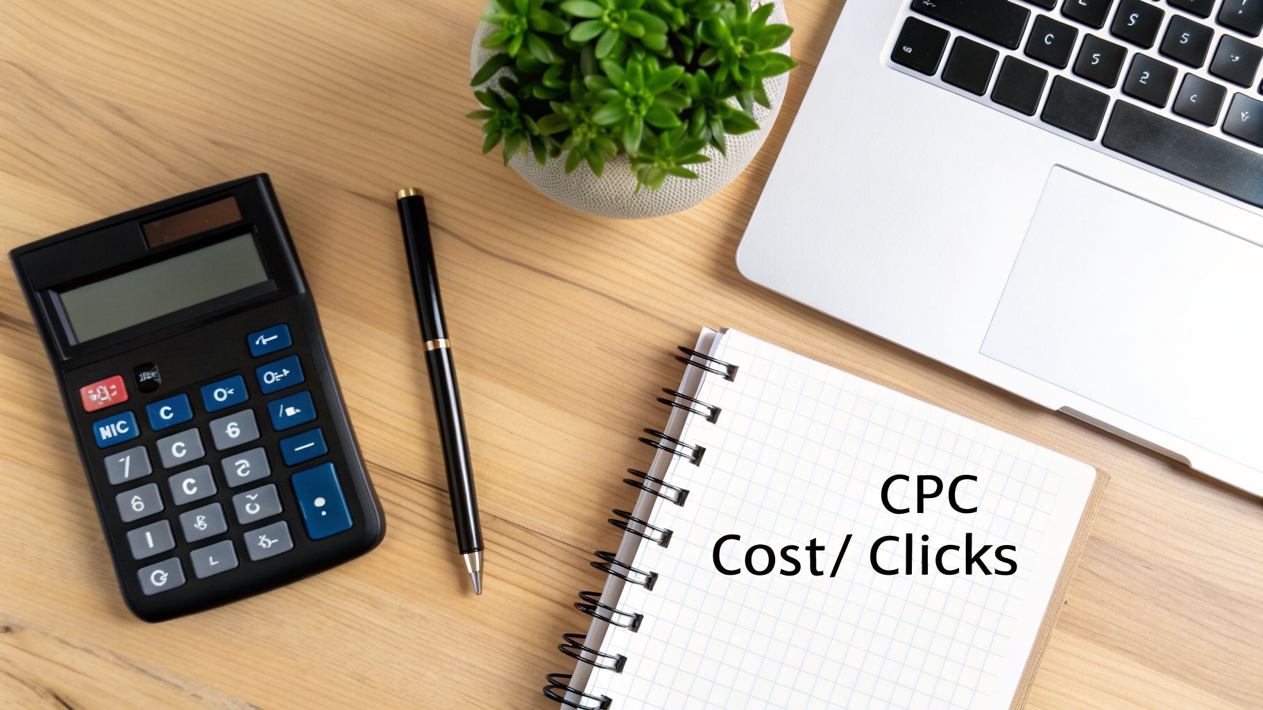 Flat lay of a workspace with a calculator, pen, laptop, and a notebook displaying 'CPC Cost/ Clicks'.