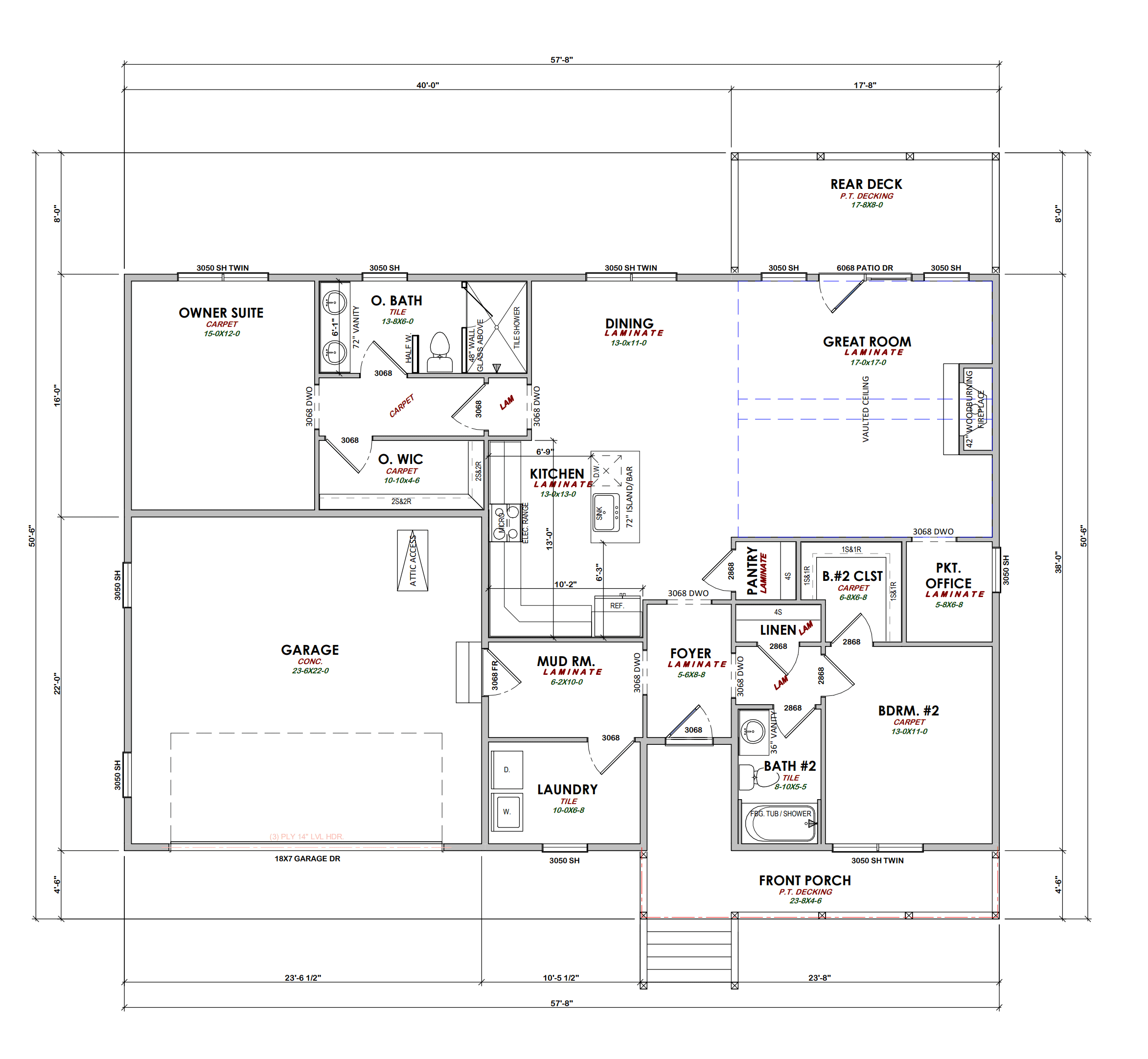 2 bed, 2 bath custom home floorplan