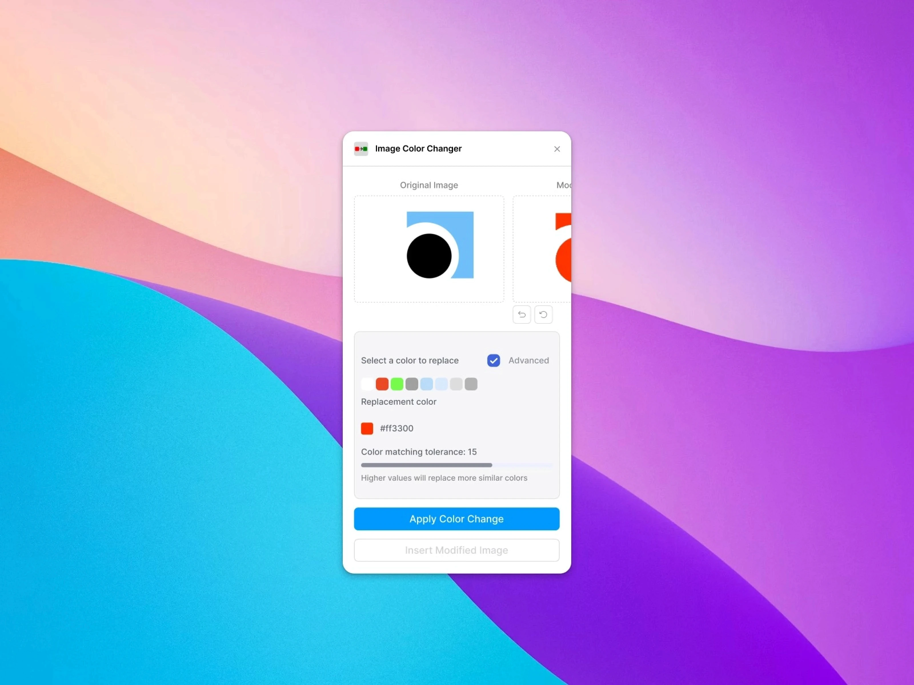 Here is the Image Color Changer window with options to adjust image colors on a purple, pink, and blue gradient background.