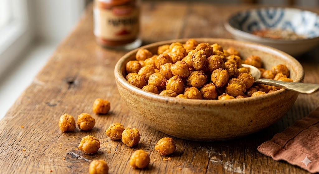 A rustic wooden table features a brown ceramic bowl filled with golden, crispy roasted chickpeas seasoned with spices and a gold spoon, with chickpeas scattered around.