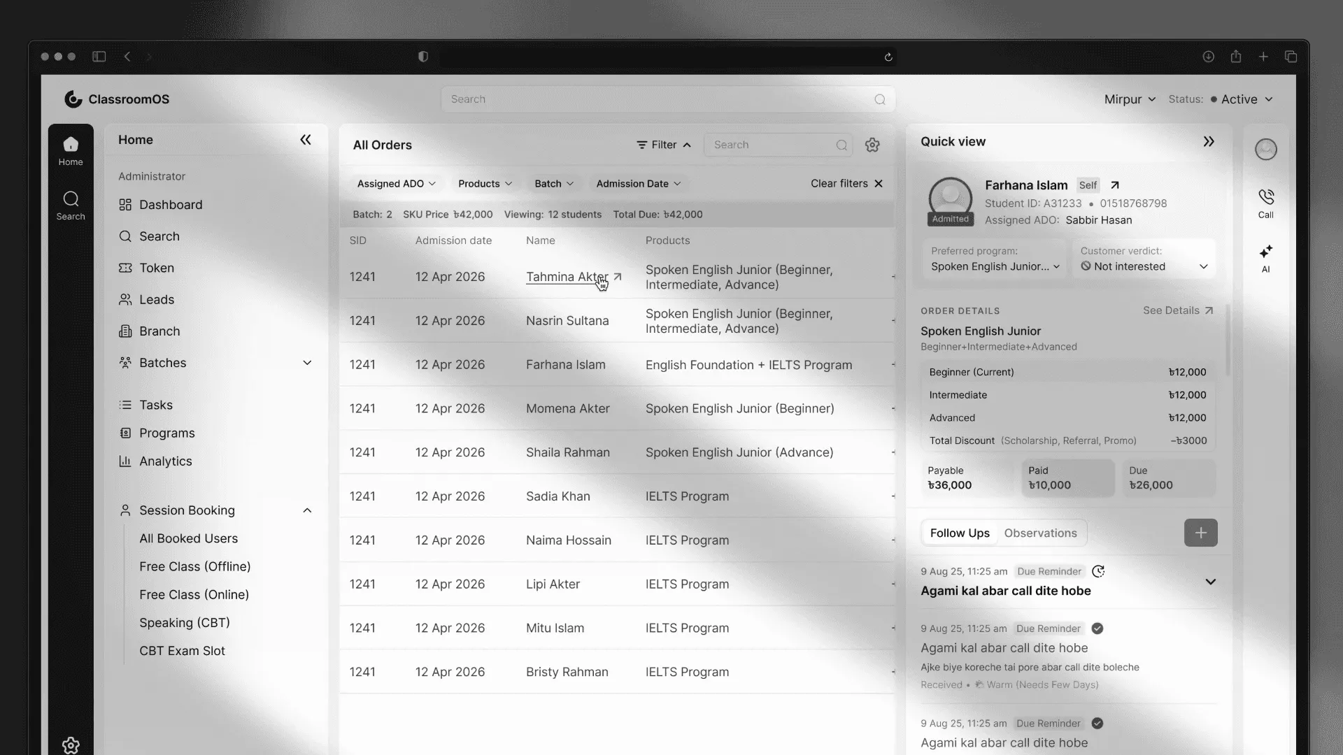 ClassroomOS dashboard — Internal LMS designed by Moshiur Hridoy for 10 Minute School
