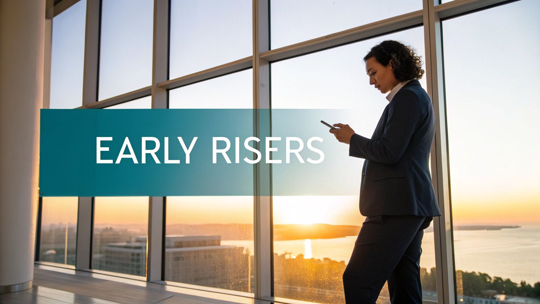 Professional businesswoman checking phone at sunrise in modern office overlooking city skyline
