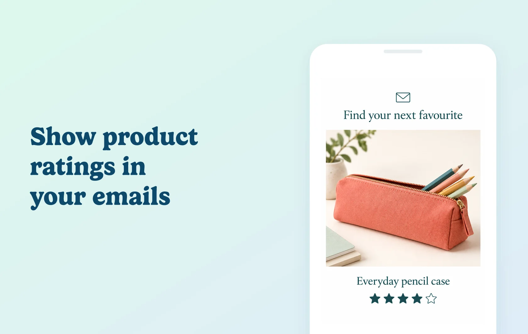 Judge.me and Seguno integration: illustration of an email featuring a pencil case with its product star rating inside a phone.