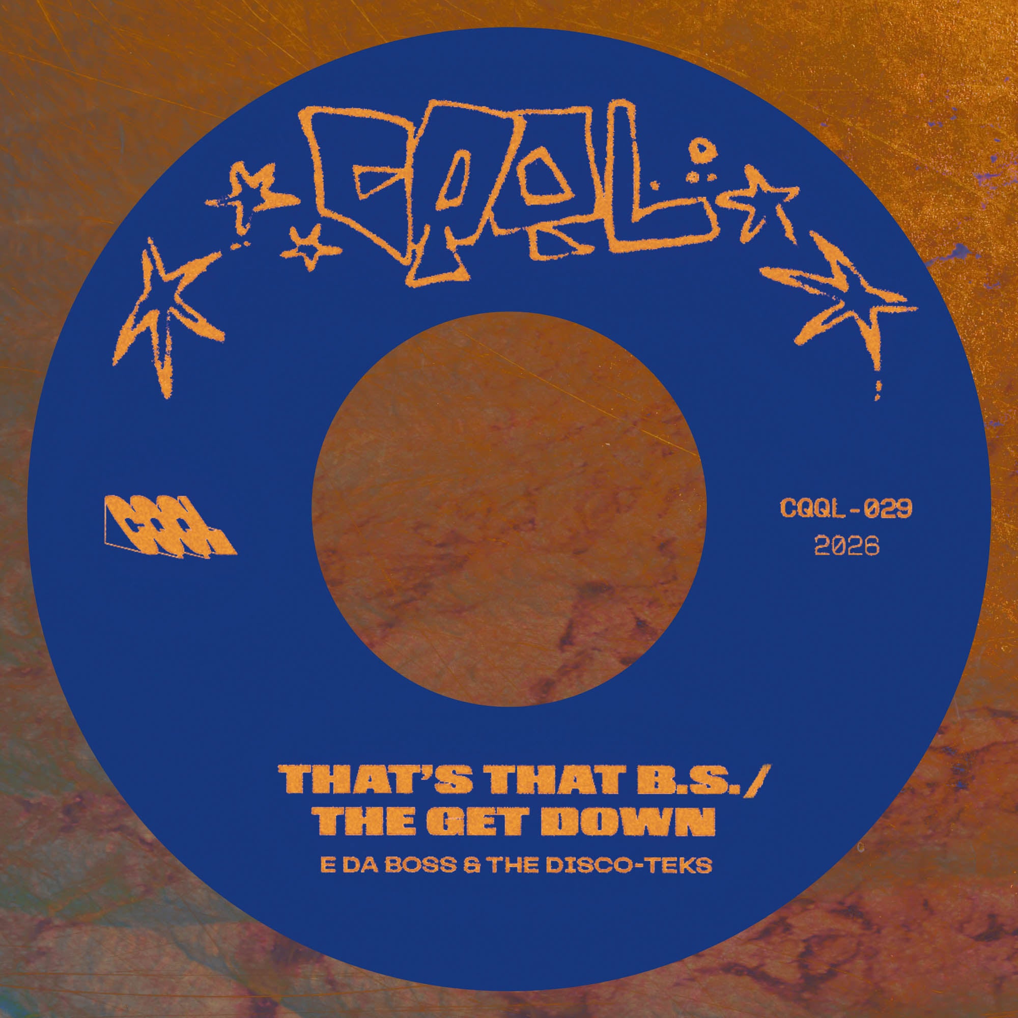 Vinyl record label with blue border and orange center on a multicolored background