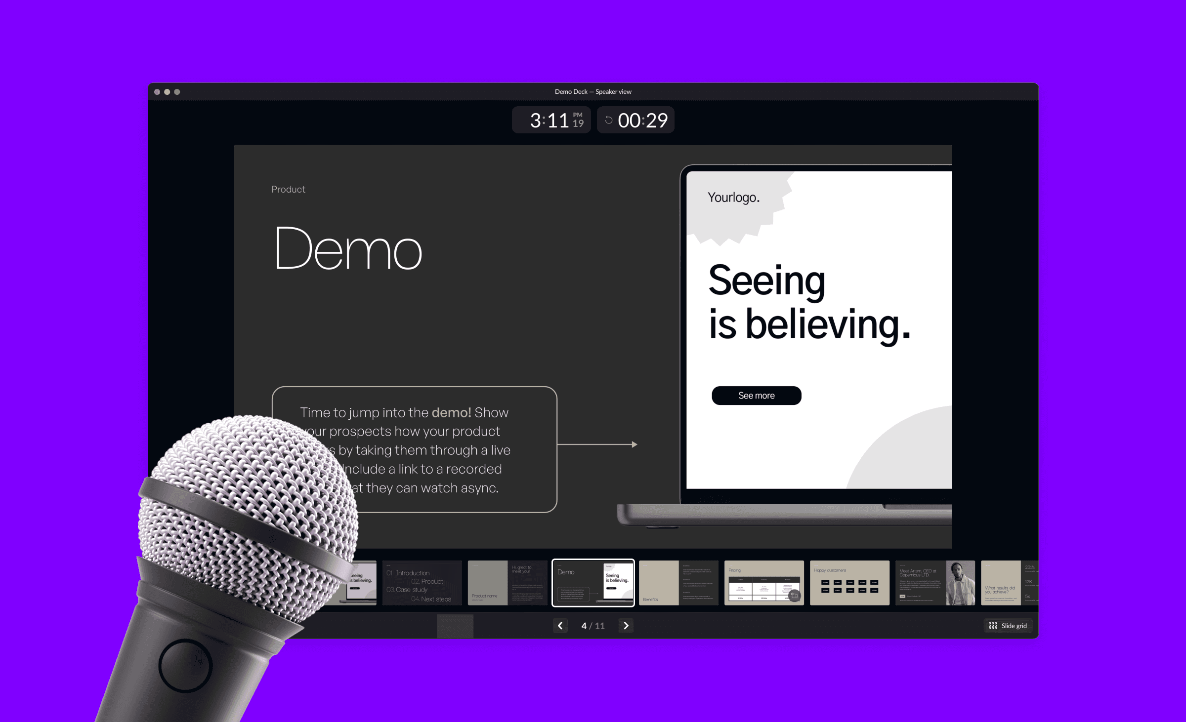 A screenshot of a demo deck being presented. The speaker view of this deck includes the demo slide as well as upcoming slides.