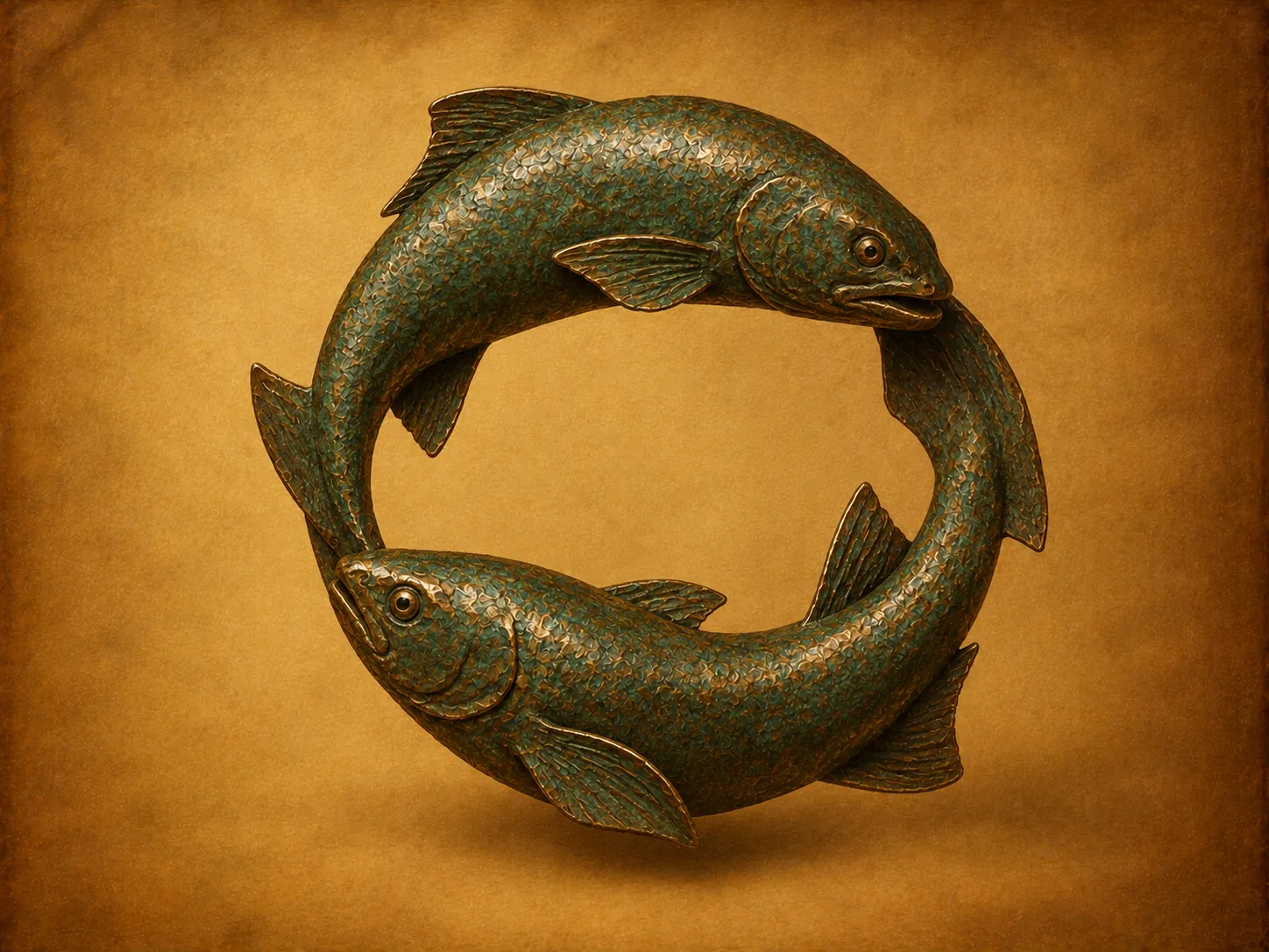 Two verdigris bronze fish swimming in a circle