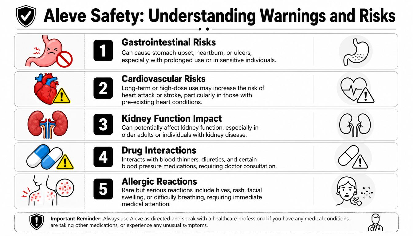 An infographic detailing important safety warnings, potential health risks, and medical precautions for taking Aleve medication.