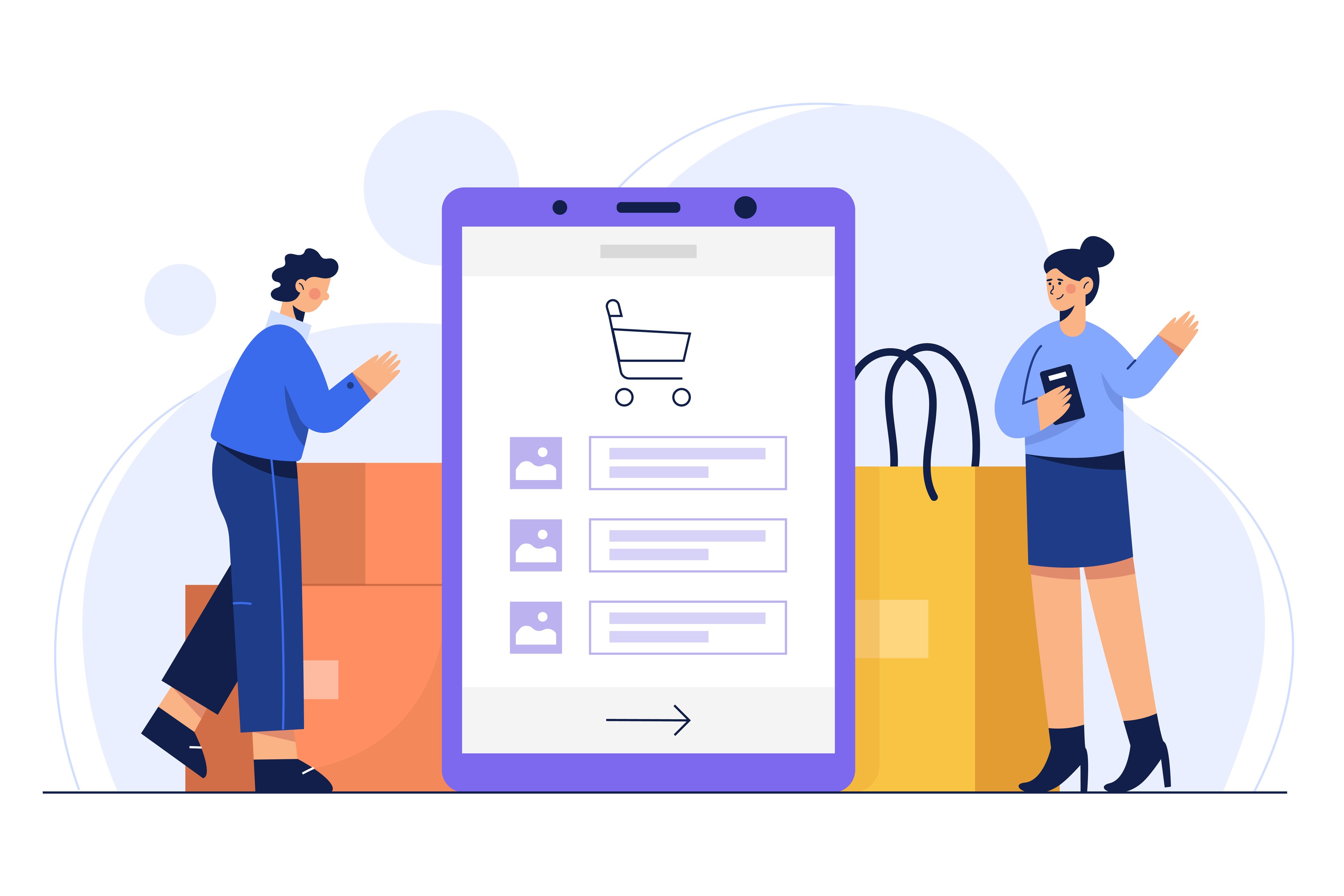 Flat illustration of two people flanking a large smartphone showing a shopping cart and user list