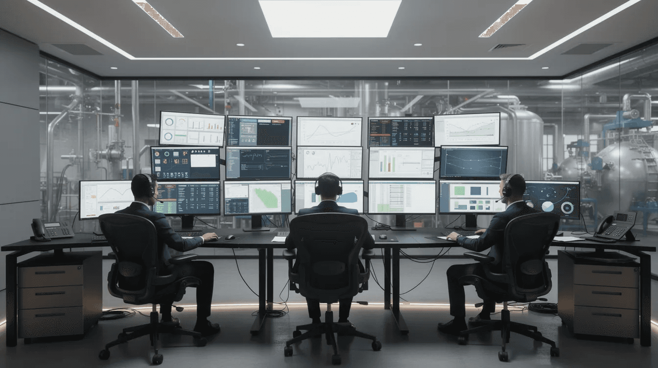 The image depicts an industrial control room where operators are actively monitoring multiple screens displaying data visualisations and equipment status, showcasing the use of digital twin technology for operational efficiency and real-time decision-making in complex systems. This environment highlights the importance of data availability and analysis in enhancing production efficiency and reducing operational costs.