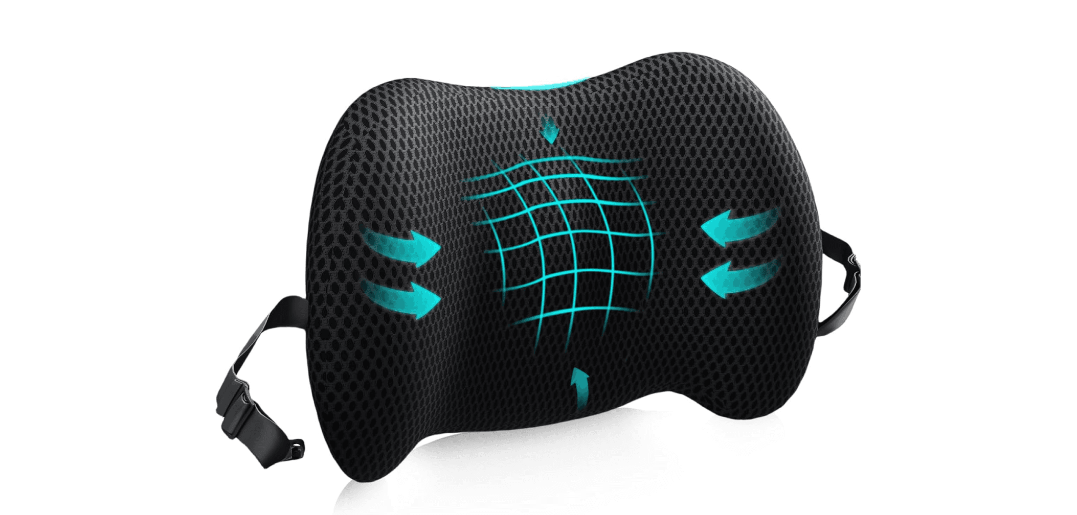 Black ergonomic lumbar pillow with blue airflow arrows and adjustable straps.