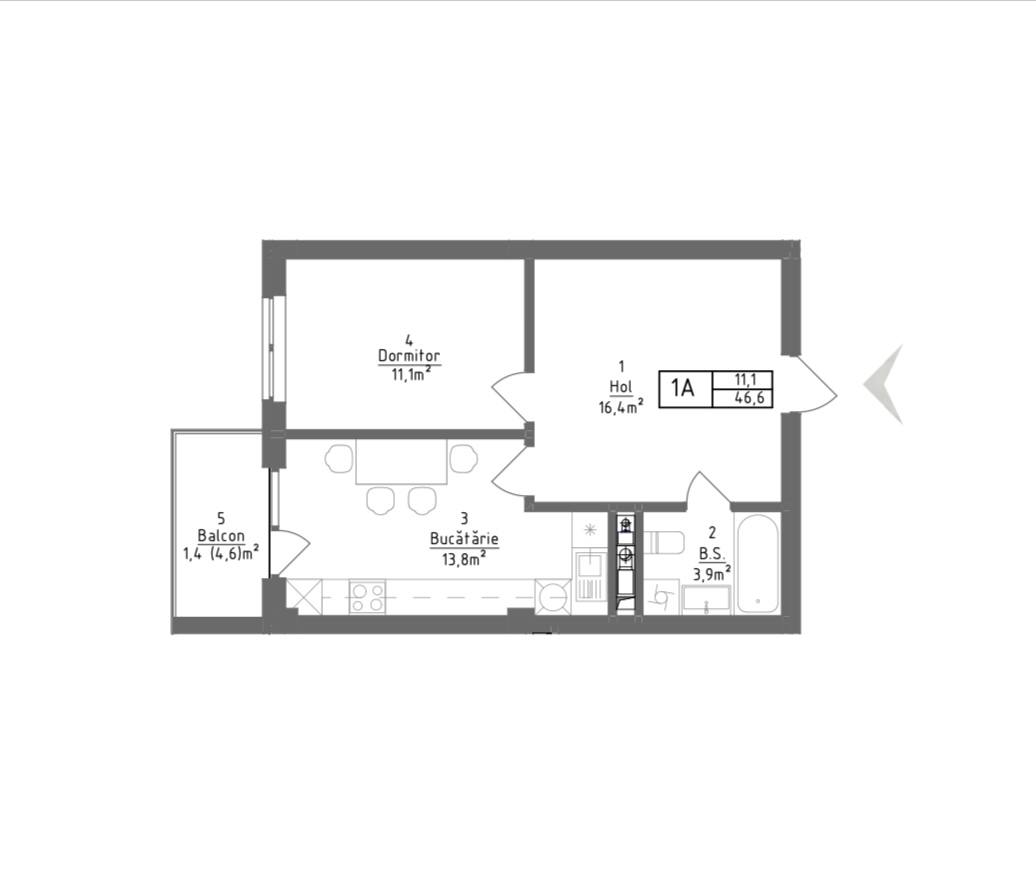 Planimetrie apartament cu o cameră și living