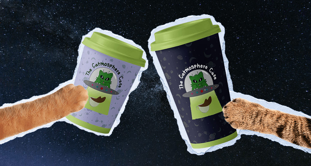 Two cats holding coffee cups in the galaxy