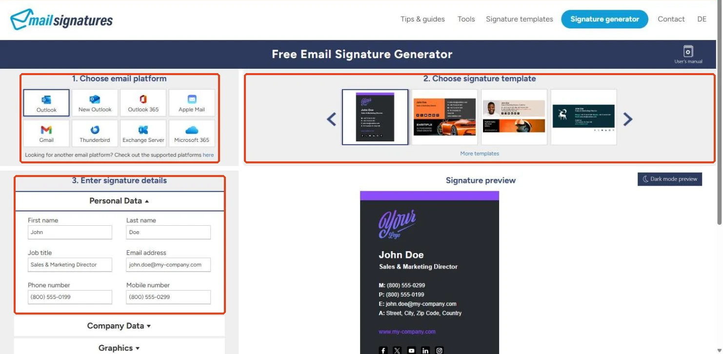Mail-Signatures.com: platform kiezen, sjabloon kiezen en gegevens invullen