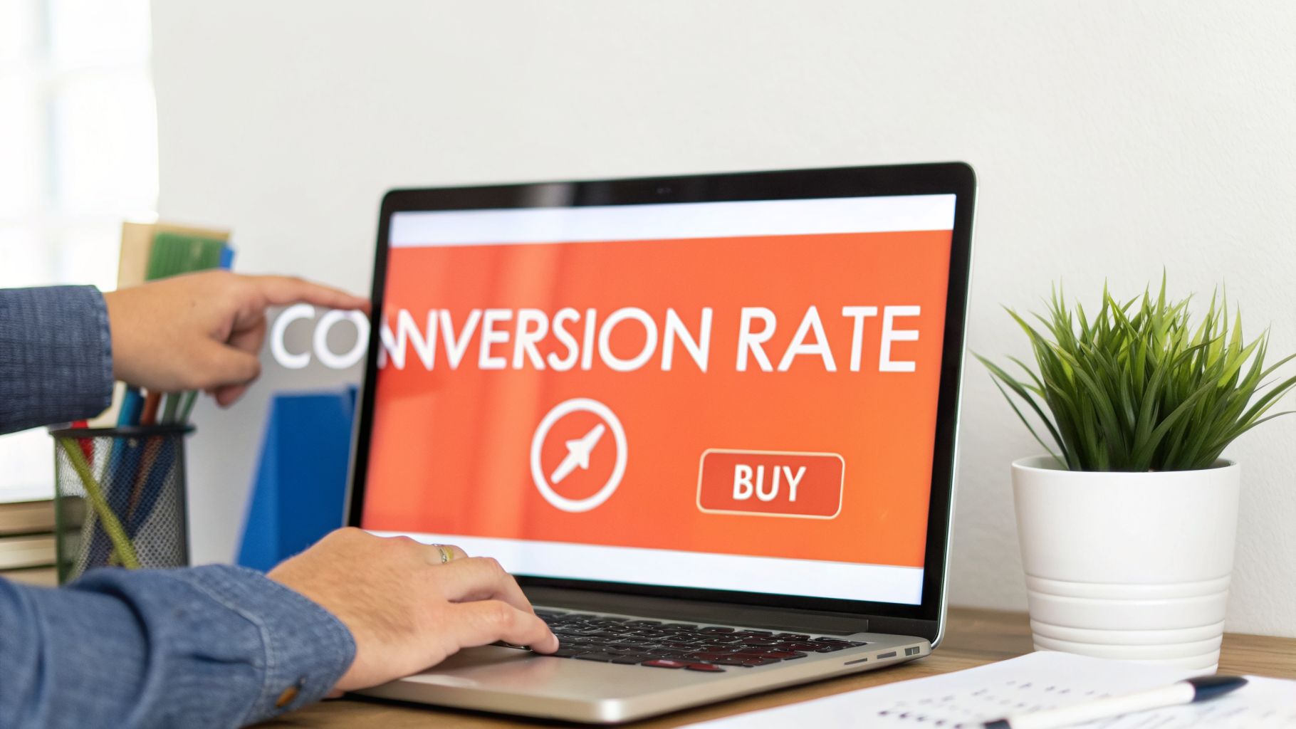 Hands interact with a laptop displaying 'CONVERSION RATE' and a 'BUY' button for e-commerce success.