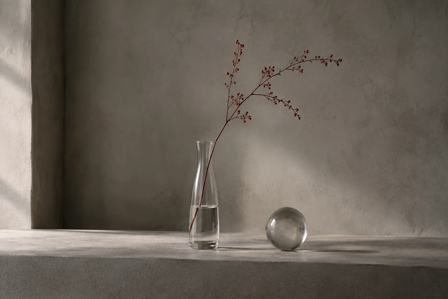 A single delicate reddish twig rising from a clear narrow vase, one translucent sphere on gray plaster shelf