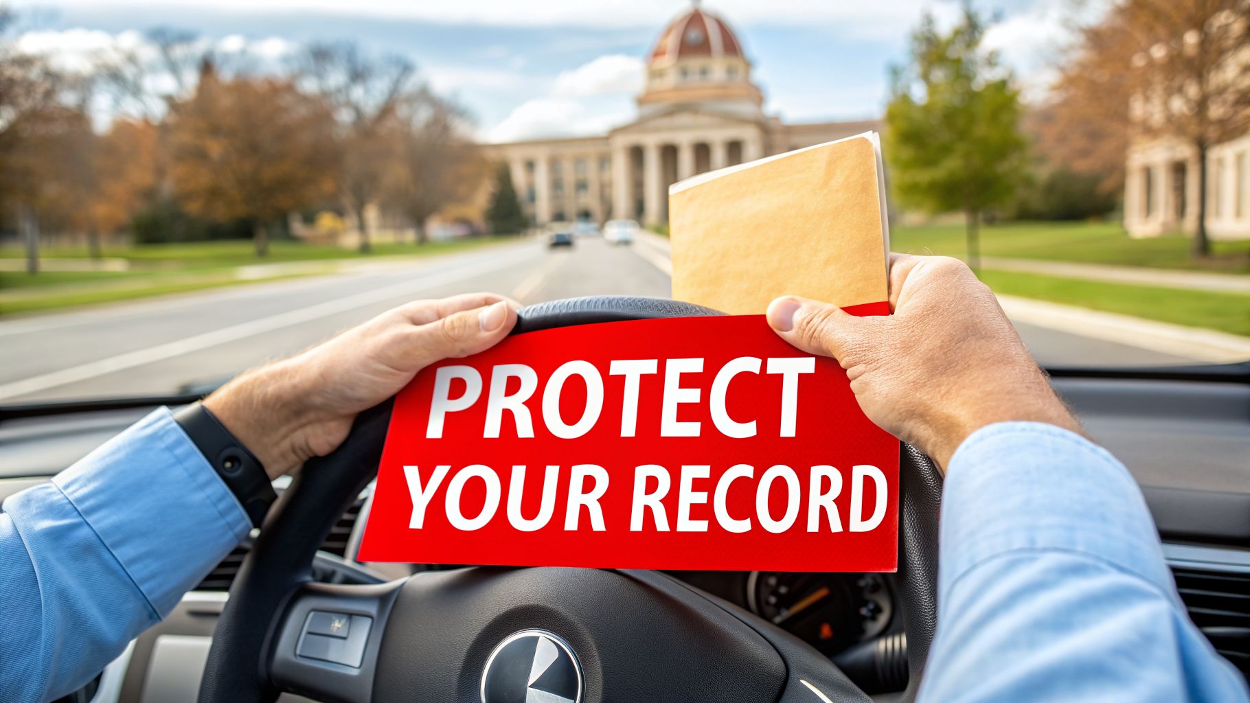 Hands on a steering wheel holding a red 'PROTECT YOUR RECORD' sign, with a courthouse in the background.