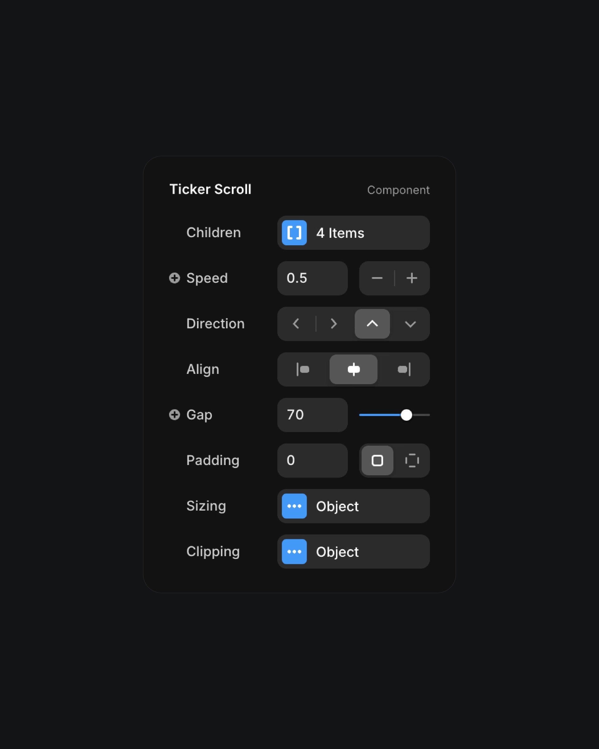 Ticker Scroll settings panel with options for speed, direction, alignment, gap, and more