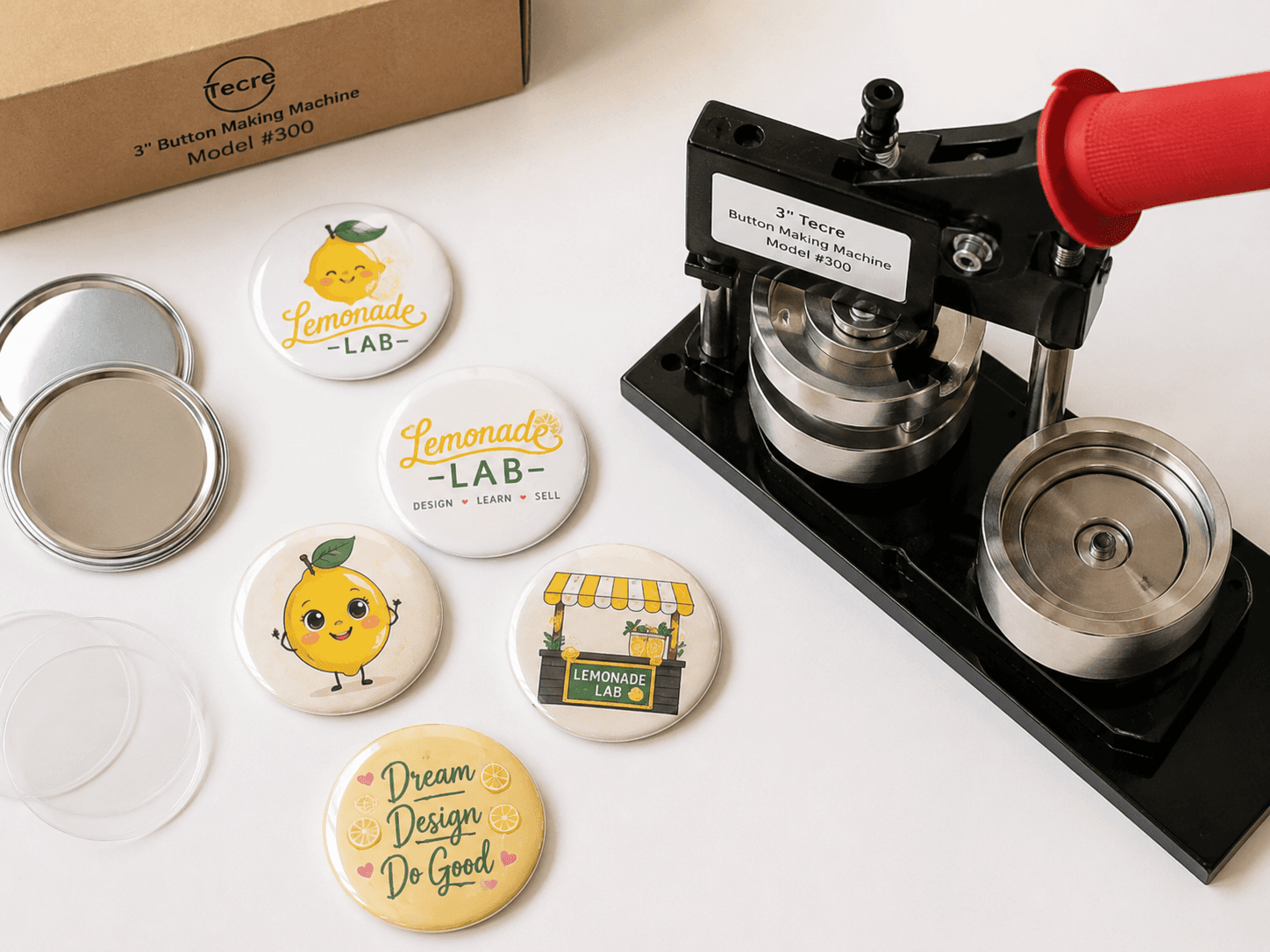 Button maker with custom Lemonade Lab pin designs.