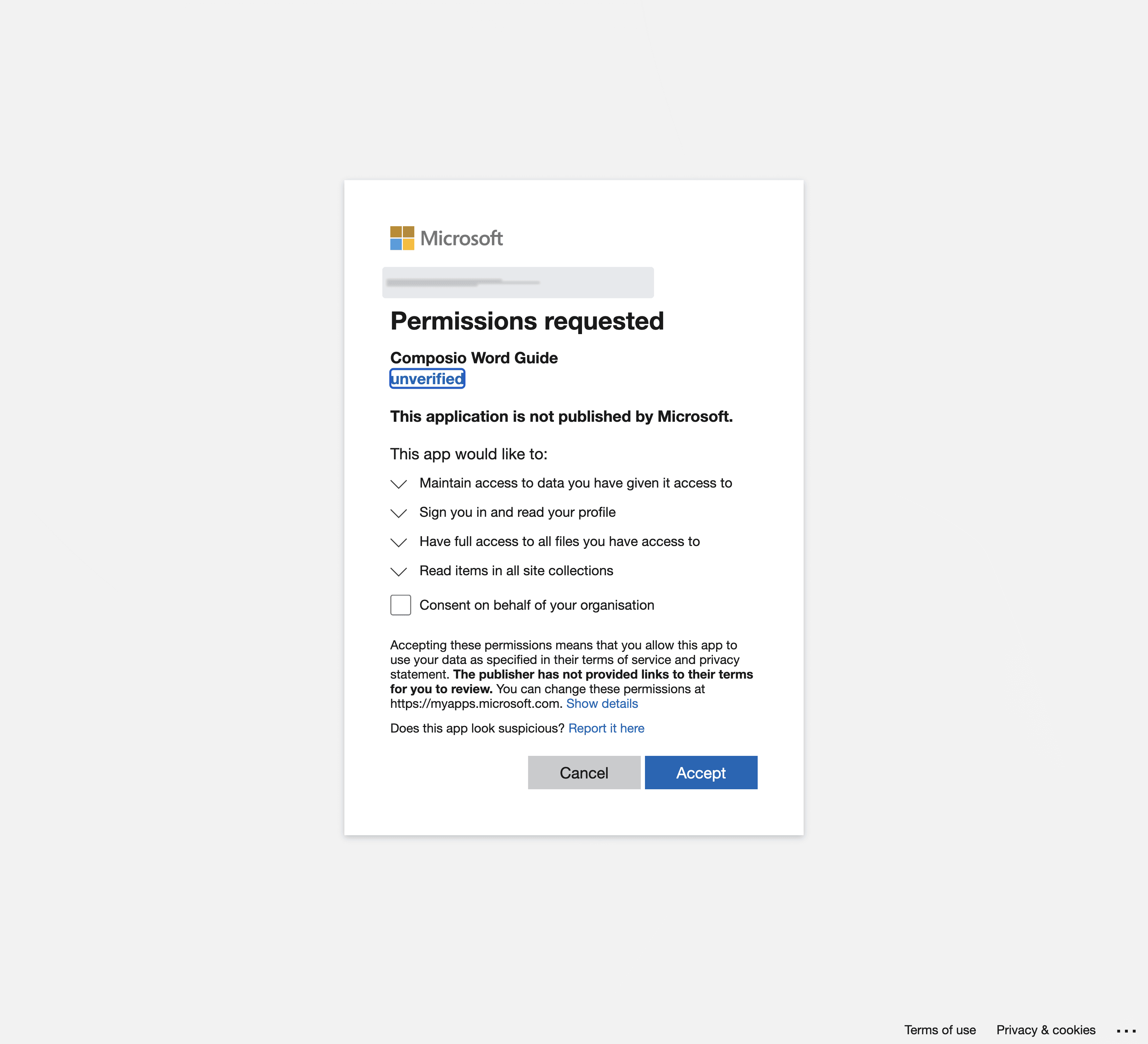 Microsoft Permissions requested page