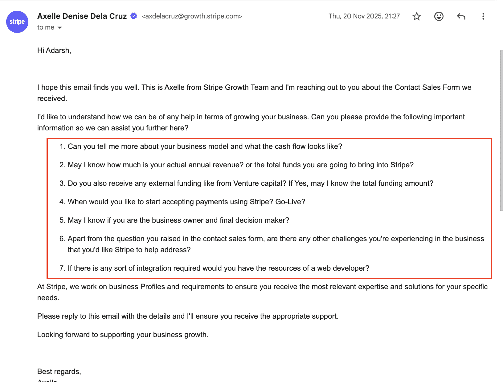 Stripe email asking for details