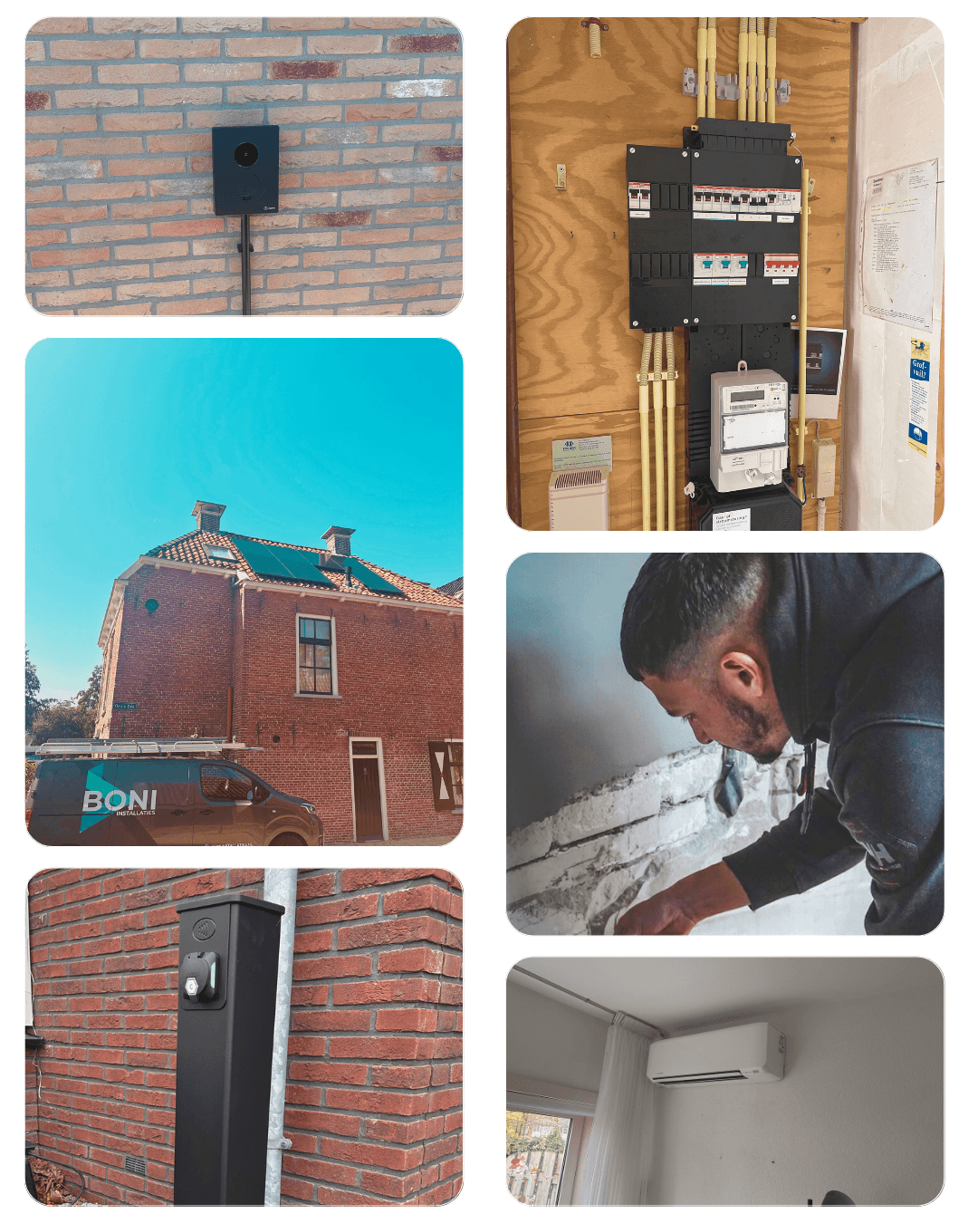 laadpaal, meterkast, zonnepanelen op het dak, airco, monteur