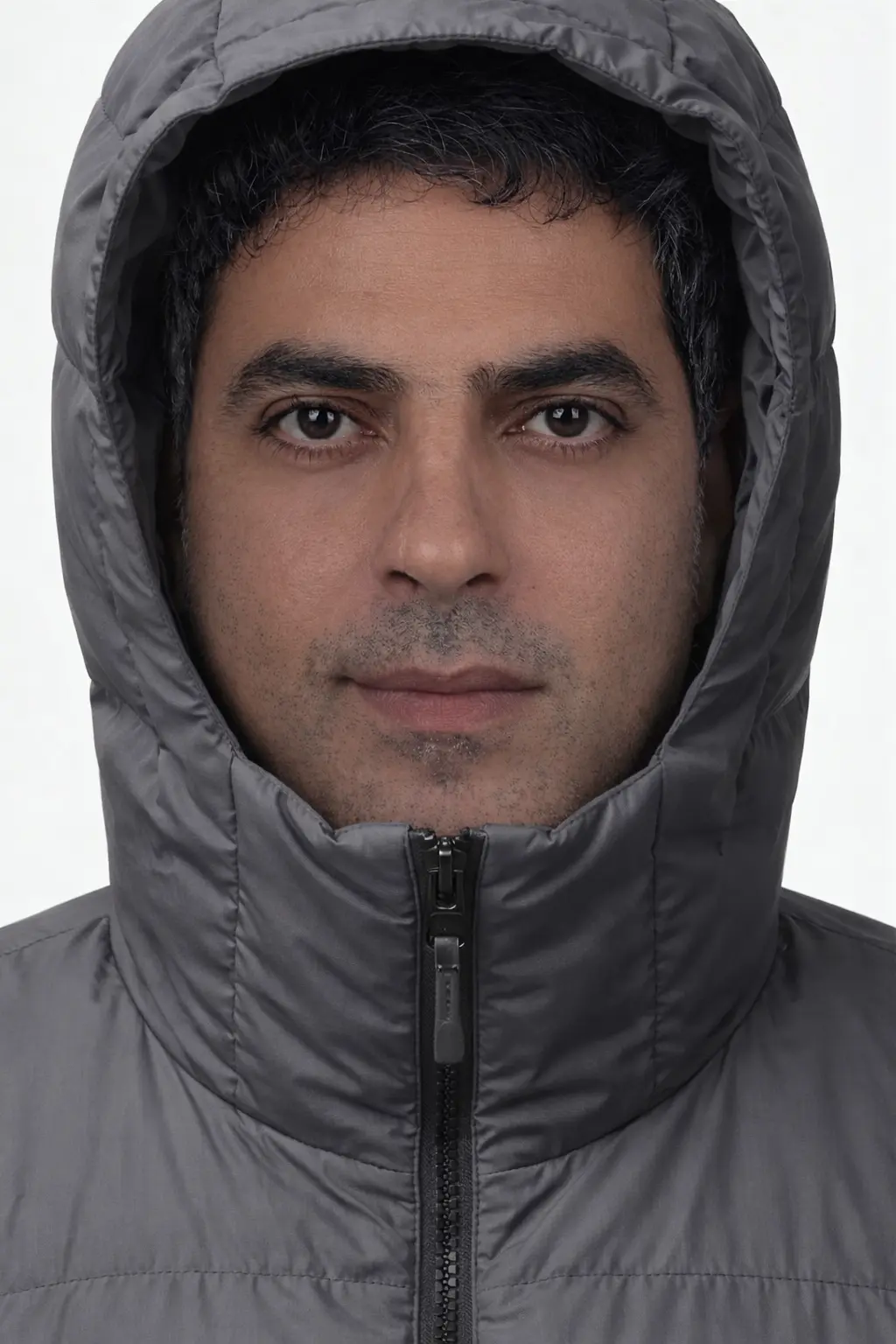 Close-up portrait of a person wearing a gray insulated hooded jacket with the hood up, showing their face framed by the hood against a light background.