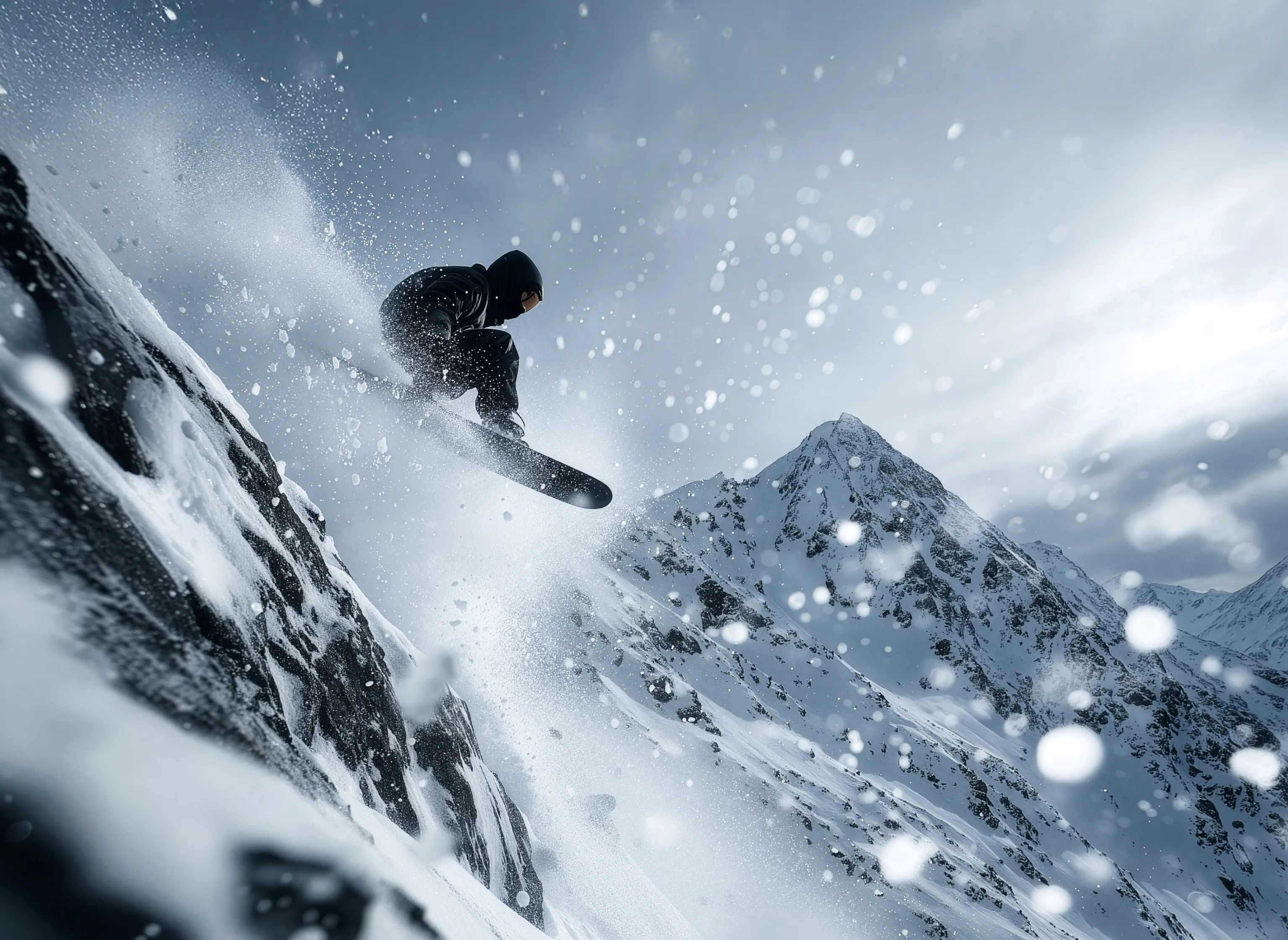 Snowboarder carving down a steep mountain face with snow flying around