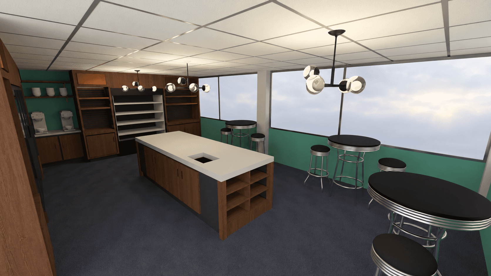 Coffee wall and island: wall-mounted shelves connect the corner service area.