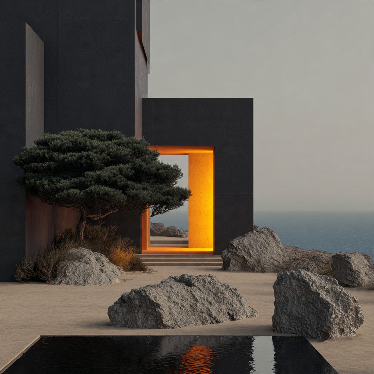 Modern architecture by a rocky shore, featuring a tree and angular building with a glowing orange doorway, creating a serene, minimalist scene.